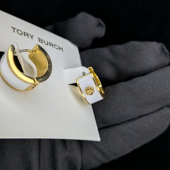 Tory Burch Gold white Enamel Hoop Earrings - Picture 2 of 3